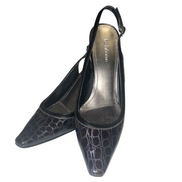 Liz Claiborne Bea Dark Blue Patent Leather Croc Embossed Slingback Heels Size 8 - Picture 1 of 10